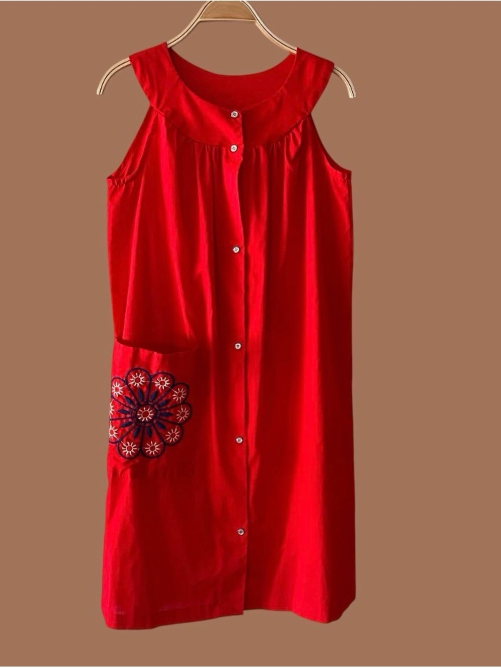Vintage 1970s Sleeveless Button-Front Red House Dress with Embroidered Pocket